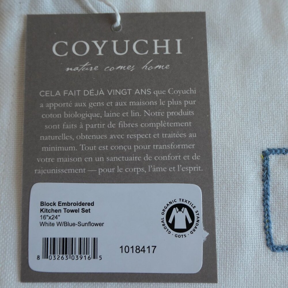 Coyuchi- White/ blue-organic cotton embroidered kitchen towel set of 2 -NWT - Picture 6 of 8